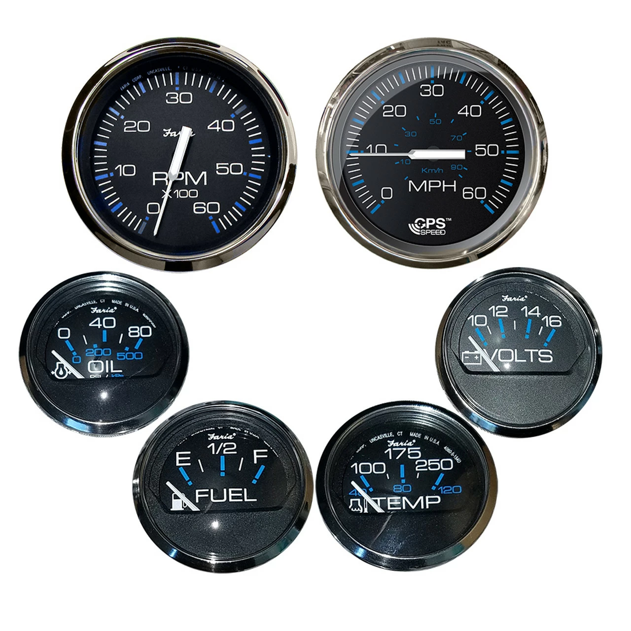 Faria Beede Instruments Faria Chesapeake Black W/Stainless Steel Bezel Boxed Set Of 6 - Speed, Tach, Fuel Level, Voltmeter, Water Temperature & Oil PSI - Inboard Motors 1 Faria Beede Instruments Faria Chesapeake Black W/Stainless Steel Bezel Boxed Set Of 6 - Speed, Tach, Fuel Level, Voltmeter, Water Temperature & Oil PSI - Inboard Motors
